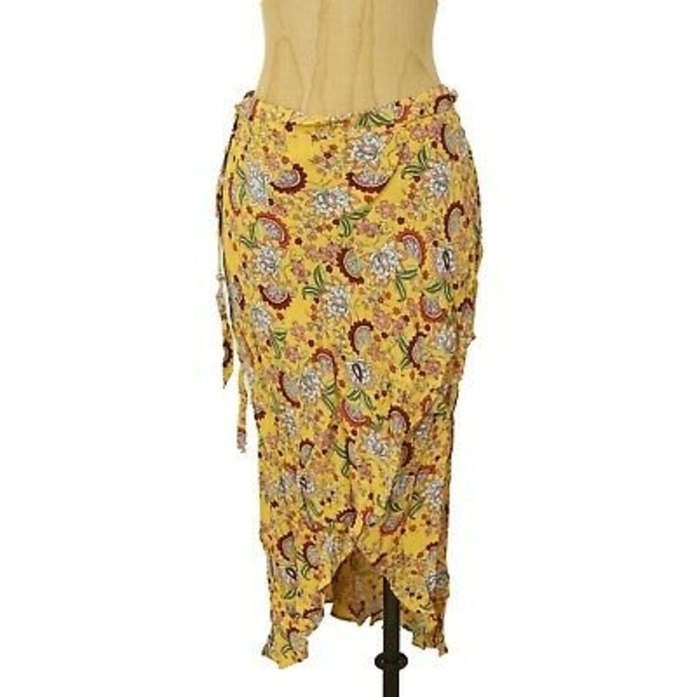 Sanctuary Jamie Midi Skirt S Ruffle Faux Wrap Hi Low Floral Yellow NWT B50 - Picture 3 of 6